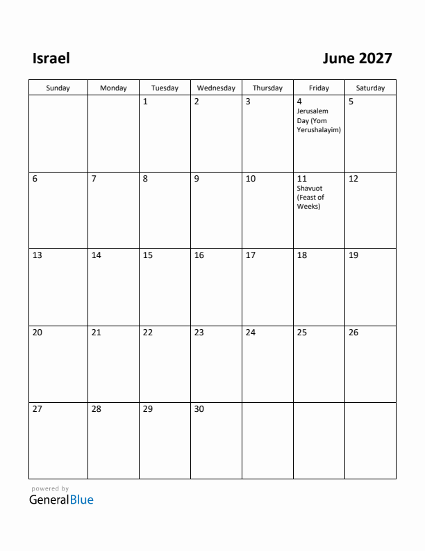 June 2027 Calendar with Israel Holidays