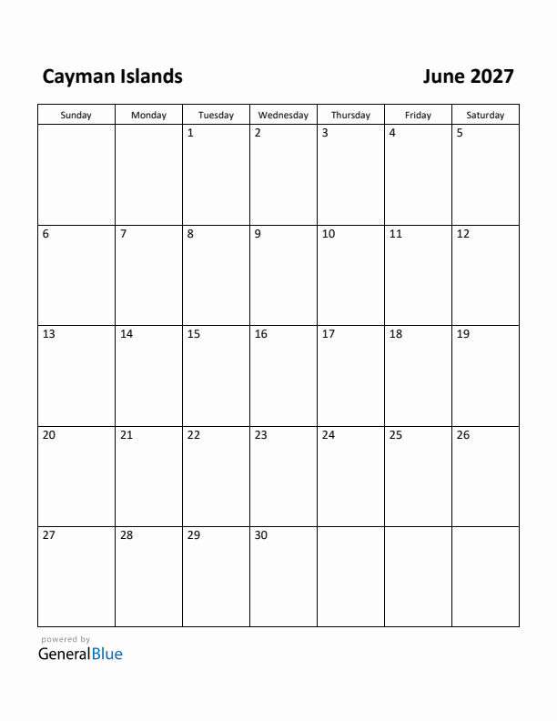 June 2027 Calendar with Cayman Islands Holidays