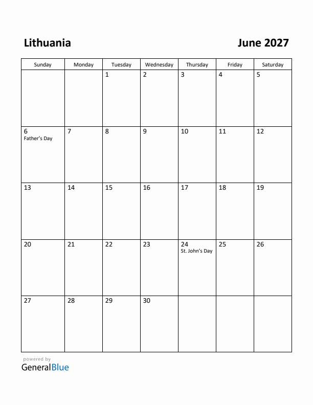 June 2027 Calendar with Lithuania Holidays