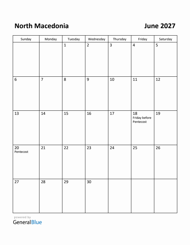 June 2027 Calendar with North Macedonia Holidays