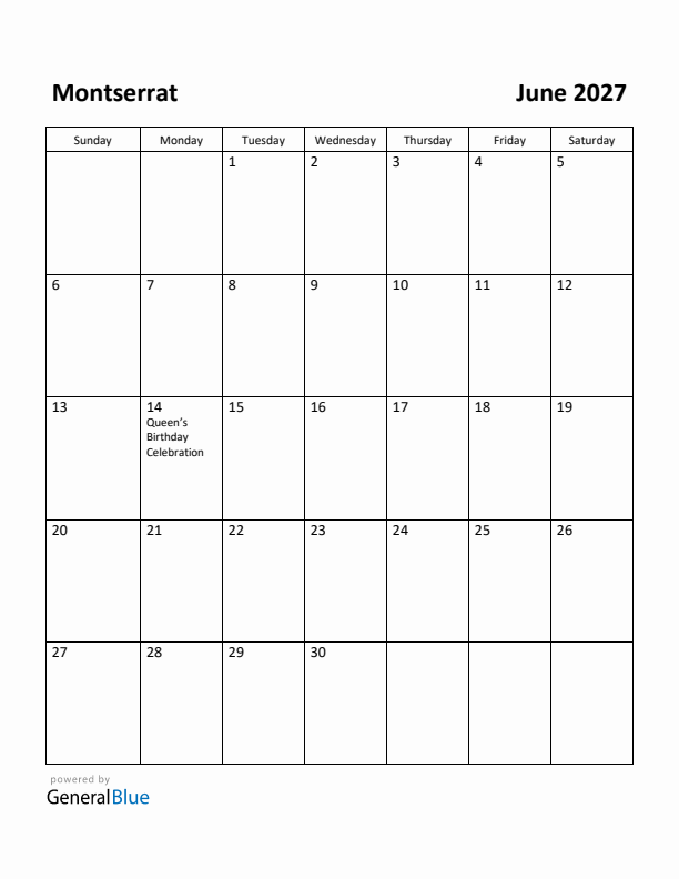 June 2027 Calendar with Montserrat Holidays