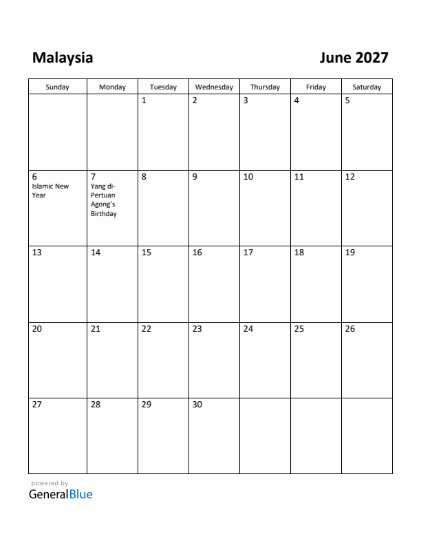 June 2027 Calendar with Malaysia Holidays