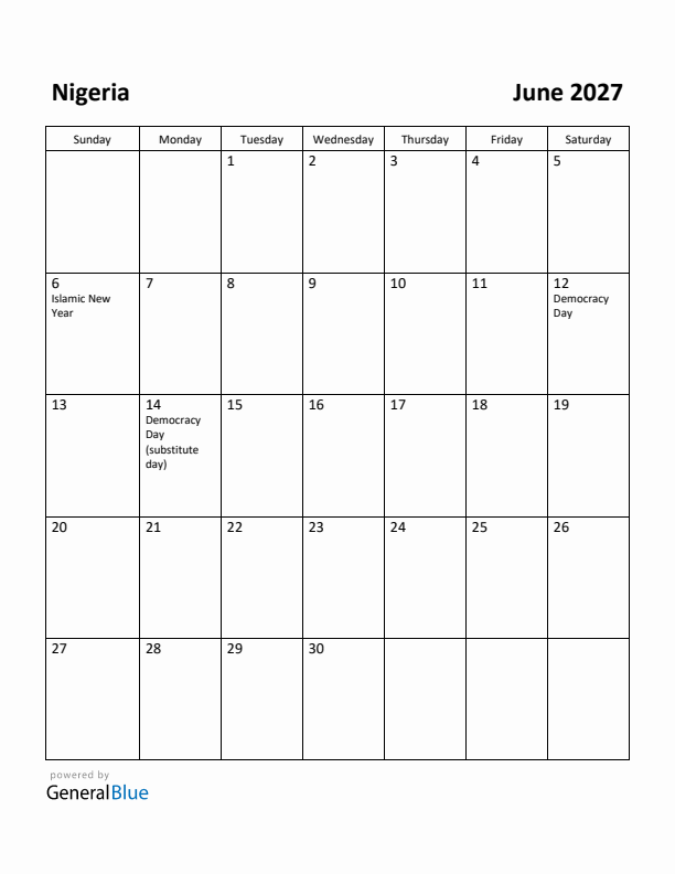 June 2027 Calendar with Nigeria Holidays