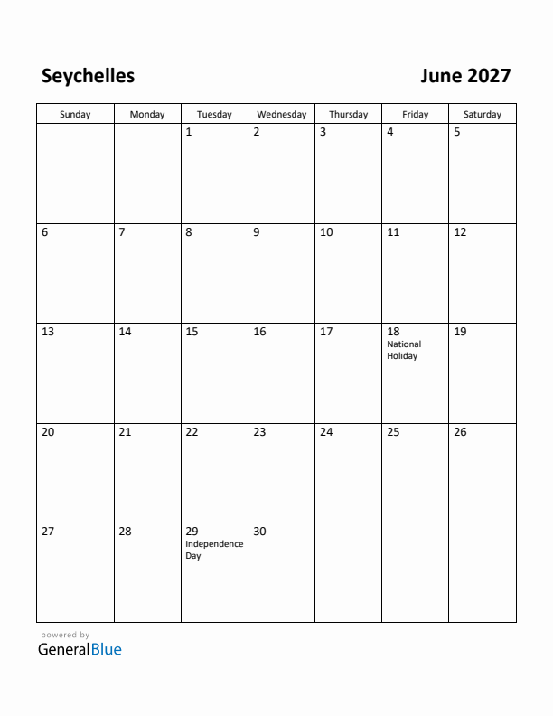 June 2027 Calendar with Seychelles Holidays