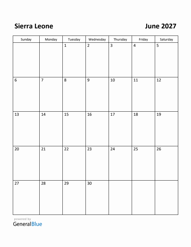 June 2027 Calendar with Sierra Leone Holidays