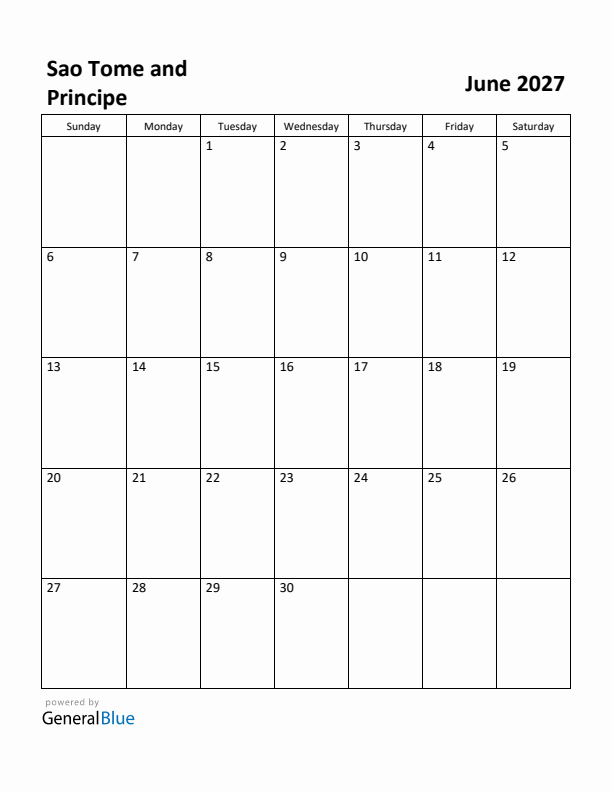 June 2027 Calendar with Sao Tome and Principe Holidays