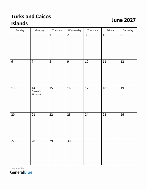 June 2027 Calendar with Turks and Caicos Islands Holidays
