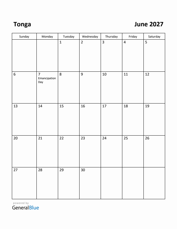 June 2027 Calendar with Tonga Holidays