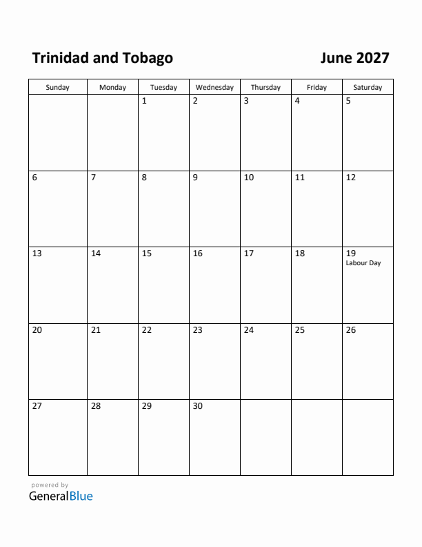 June 2027 Calendar with Trinidad and Tobago Holidays