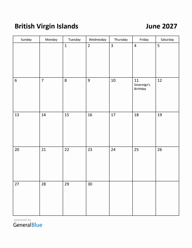 June 2027 Calendar with British Virgin Islands Holidays