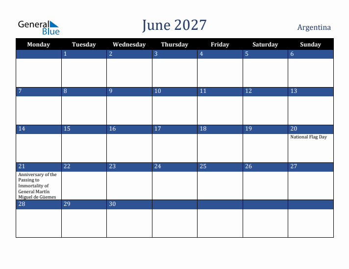 June 2027 Argentina Calendar (Monday Start)