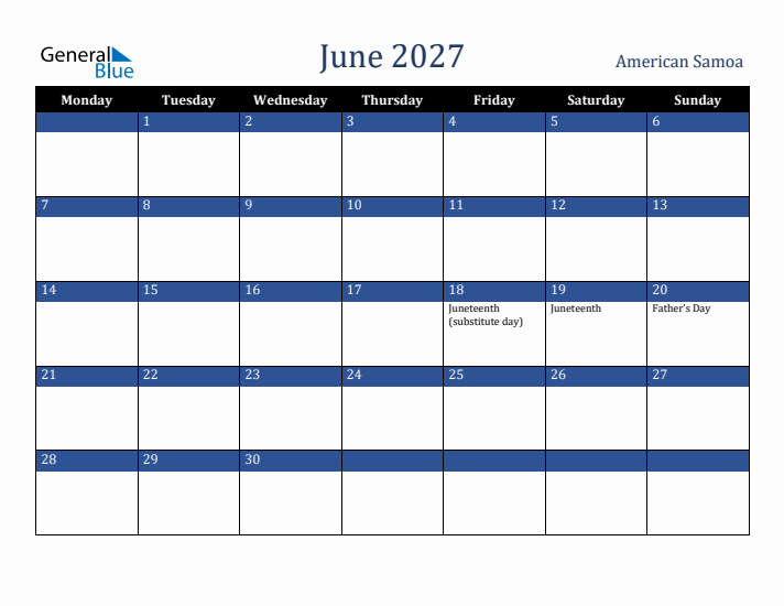 June 2027 American Samoa Calendar (Monday Start)