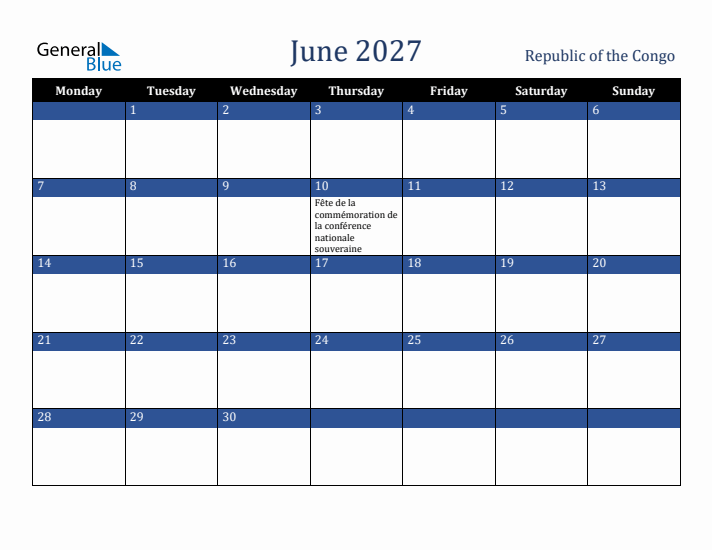 June 2027 Republic of the Congo Calendar (Monday Start)