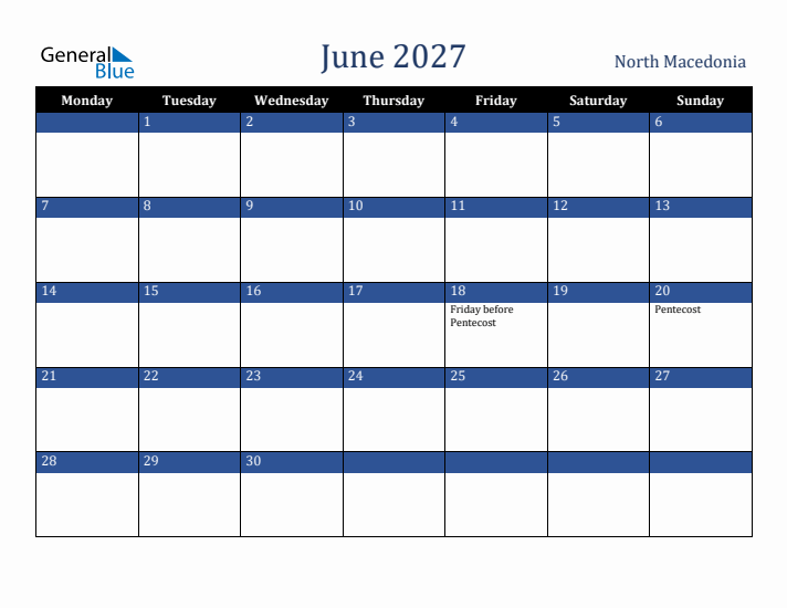June 2027 North Macedonia Calendar (Monday Start)