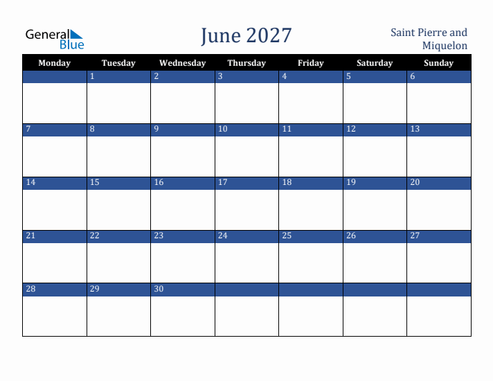 June 2027 Saint Pierre and Miquelon Calendar (Monday Start)