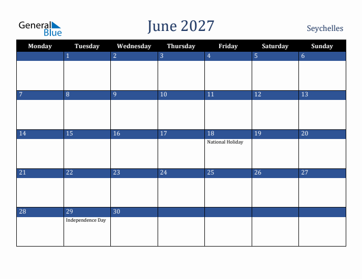 June 2027 Seychelles Calendar (Monday Start)