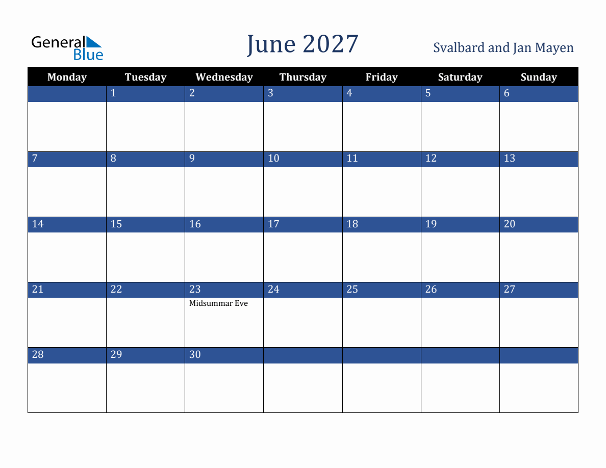 June 2027 Svalbard and Jan Mayen Holiday Calendar (Monday Start)