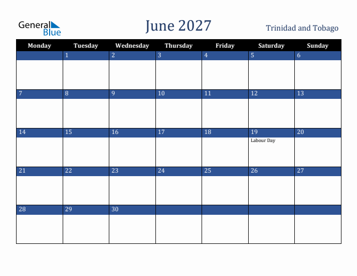 June 2027 Trinidad and Tobago Calendar (Monday Start)