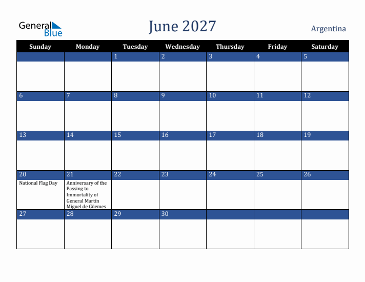 June 2027 Argentina Calendar (Sunday Start)