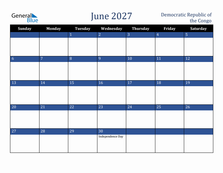 June 2027 Democratic Republic of the Congo Calendar (Sunday Start)