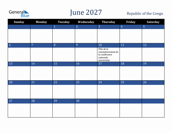 June 2027 Republic of the Congo Calendar (Sunday Start)