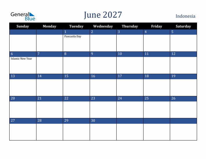 June 2027 Indonesia Calendar (Sunday Start)