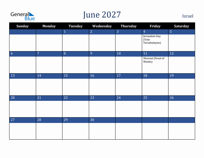June 2027 Israel Calendar (Sunday Start)