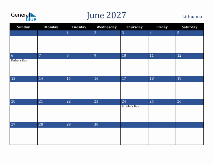 June 2027 Lithuania Calendar (Sunday Start)