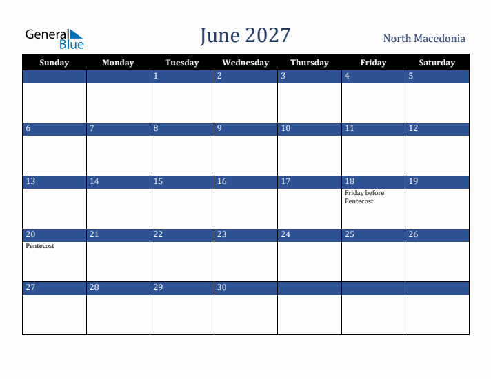 June 2027 North Macedonia Calendar (Sunday Start)