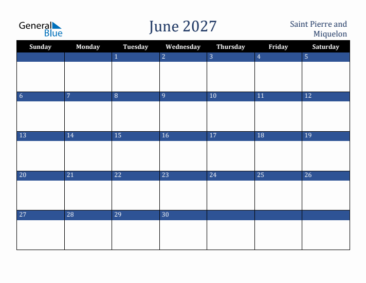 June 2027 Saint Pierre and Miquelon Calendar (Sunday Start)