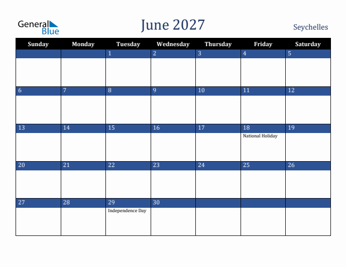 June 2027 Seychelles Calendar (Sunday Start)