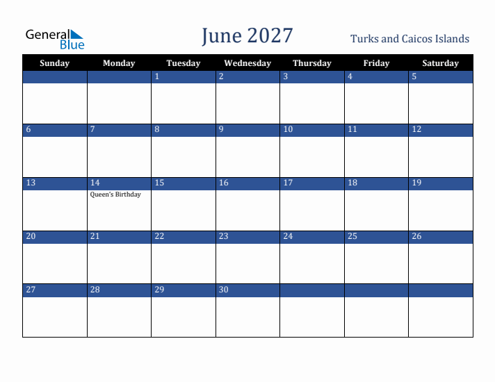 June 2027 Turks and Caicos Islands Calendar (Sunday Start)