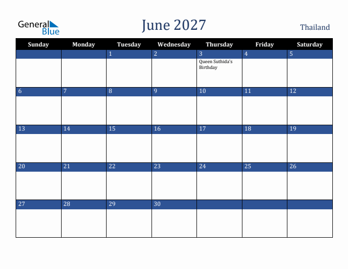 June 2027 Thailand Calendar (Sunday Start)