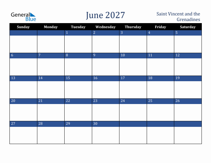 June 2027 Saint Vincent and the Grenadines Calendar (Sunday Start)