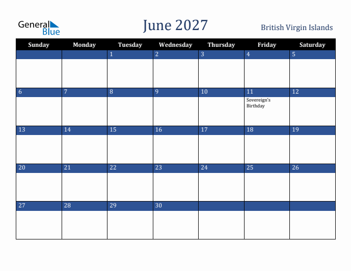 June 2027 British Virgin Islands Calendar (Sunday Start)