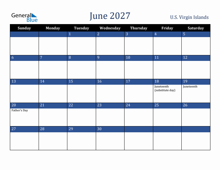 June 2027 U.S. Virgin Islands Calendar (Sunday Start)