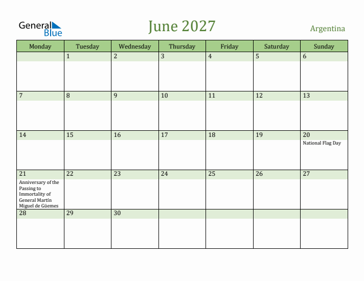 June 2027 Calendar with Argentina Holidays