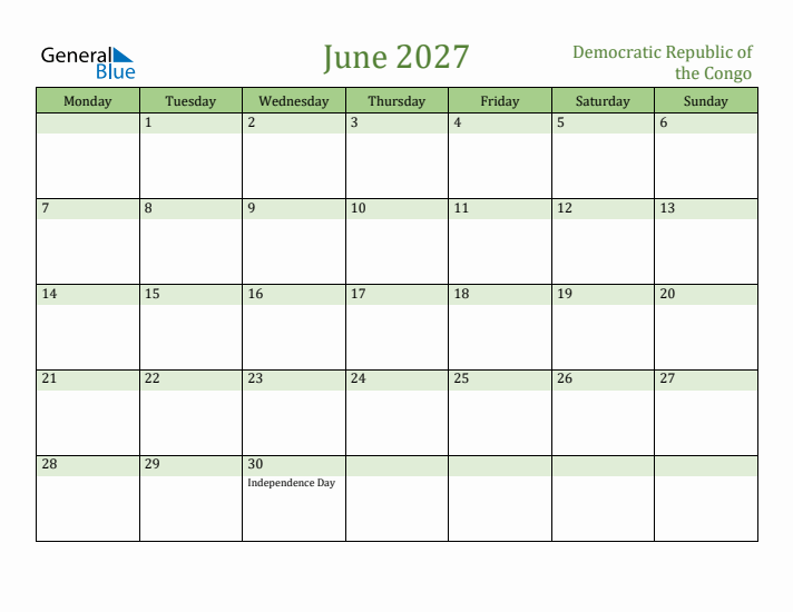 June 2027 Calendar with Democratic Republic of the Congo Holidays