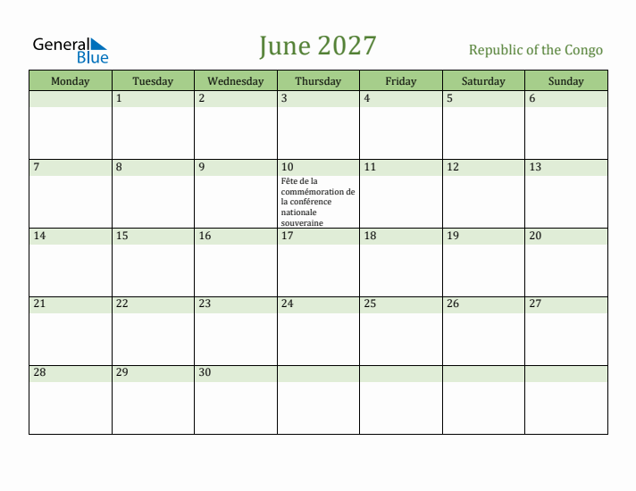 June 2027 Calendar with Republic of the Congo Holidays