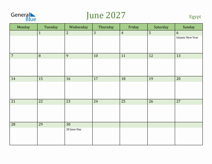 June 2027 Calendar with Egypt Holidays
