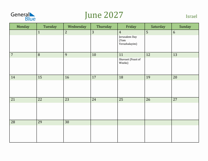 June 2027 Calendar with Israel Holidays