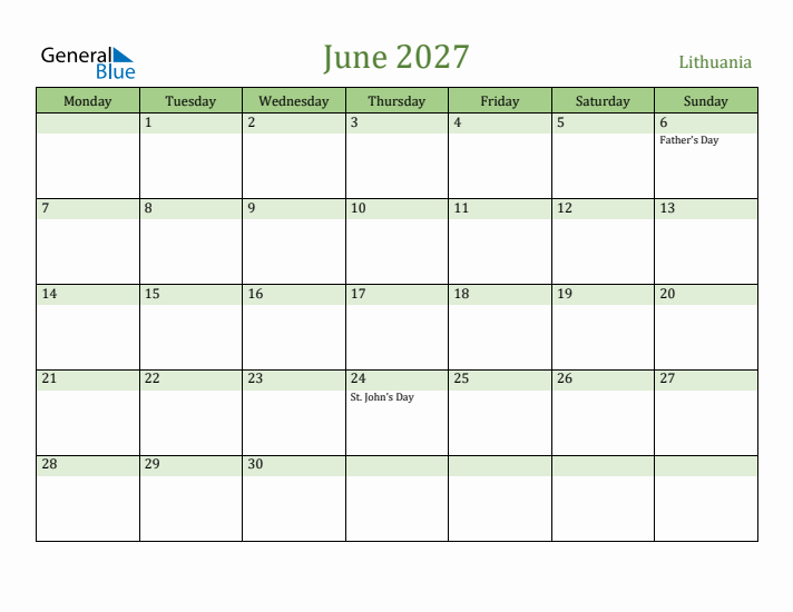June 2027 Calendar with Lithuania Holidays
