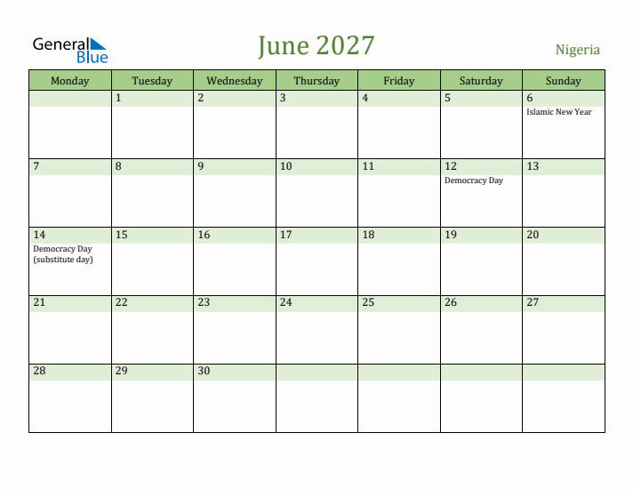 June 2027 Calendar with Nigeria Holidays