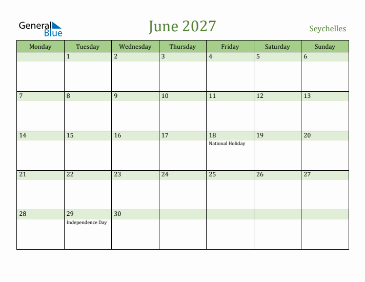 June 2027 Calendar with Seychelles Holidays