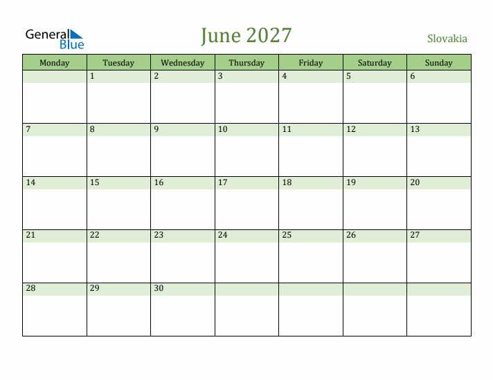 June 2027 Calendar with Slovakia Holidays