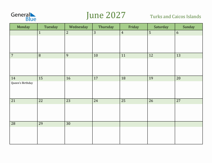 June 2027 Calendar with Turks and Caicos Islands Holidays