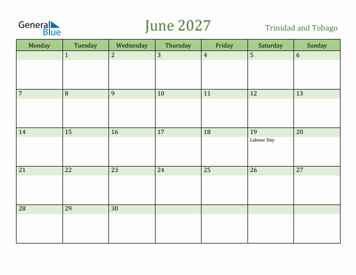 June 2027 Calendar with Trinidad and Tobago Holidays
