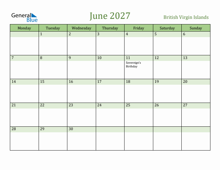 June 2027 Calendar with British Virgin Islands Holidays