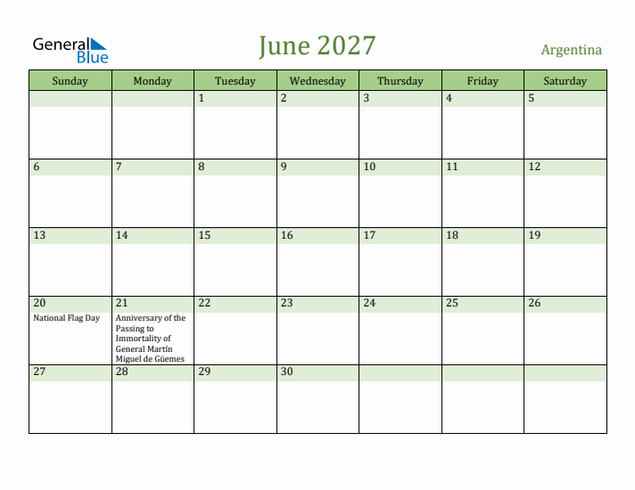 June 2027 Calendar with Argentina Holidays