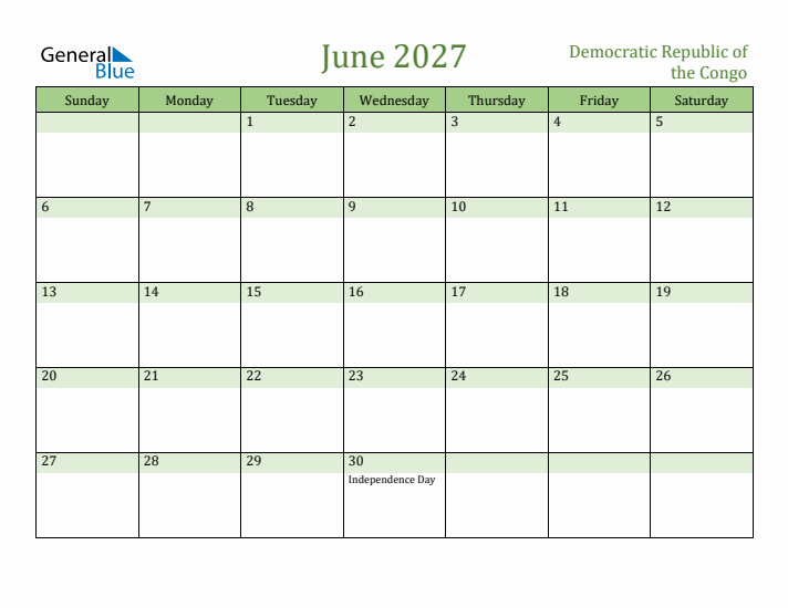 June 2027 Calendar with Democratic Republic of the Congo Holidays
